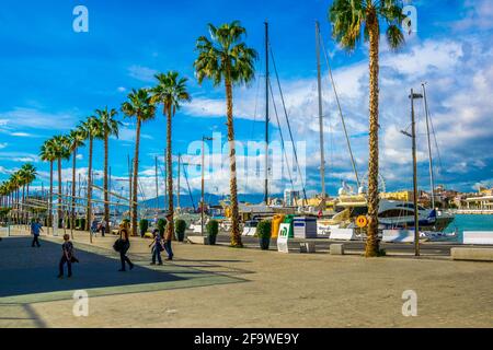 MALAGA, SPAGNA, 4 GENNAIO 2016: La gente cammina su una passeggiata circondata dal porto di malaga, in spagna. Foto Stock