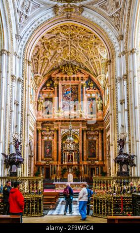 CORDOVA, SPAGNA, 8 GENNAIO 2016: Vista di un altare cattolico della cattedrale la Mezquita nella città di Cordoba dello sculacciato Foto Stock