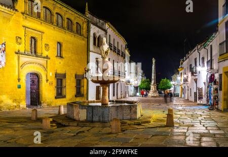 CORDOBA, SPAGNA, 8 GENNAIO 2016: Vista notturna della piccola piazza Plaza del potro nella città spagnola di cordoba, che è circondata da molti ristoranti, Foto Stock