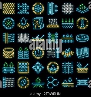 Set di icone delle funzioni di fabric. Contorno insieme di icone vettoriali di feature di tessuto colore neon su bianco Illustrazione Vettoriale