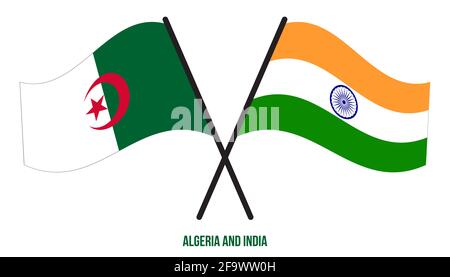 Algeria e India Bandiere incrociate e ondulate stile piatto. Proporzione ufficiale. Colori corretti. Illustrazione Vettoriale