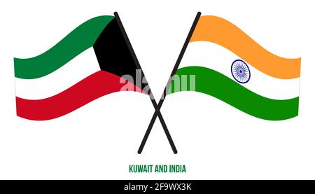 Kuwait e India Bandiere incrociate e ondeggianti stile piatto. Proporzione ufficiale. Colori corretti. Illustrazione Vettoriale