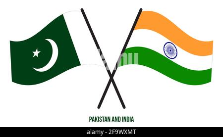 Pakistan e India Bandiere incrociate e ondeggianti stile piatto. Proporzione ufficiale. Colori corretti. Illustrazione Vettoriale