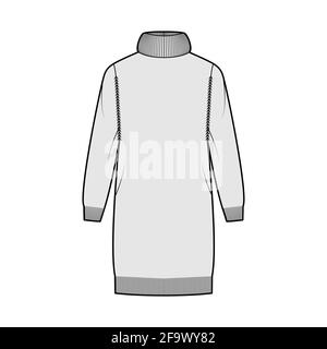 Maglione abito esagerato Turtleneck illustrazione tecnica moda con maniche lunghe, relax fit, lunghezza ginocchio, finitura a maglia costola. Parte anteriore dell'abbigliamento piatto, colore grigio. Donne, uomini unisex CAD mockup Illustrazione Vettoriale