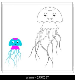 La pagina del libro da colorare, polpo. Versione dello schizzo e del colore. Libro da colorare per bambini. Illustrazione vettoriale isolata su sfondo bianco Illustrazione Vettoriale