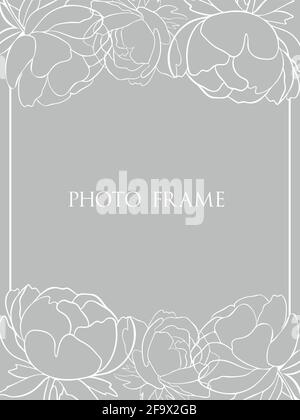 Montatura in grigio laconico con silhouette di fiori. Peonie bianche, linee semplici. Vettore, cornice rettangolare Illustrazione Vettoriale