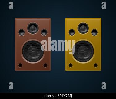 Altoparlanti audio realistici isolati su sfondo scuro. Illustrazione vettoriale. Illustrazione Vettoriale