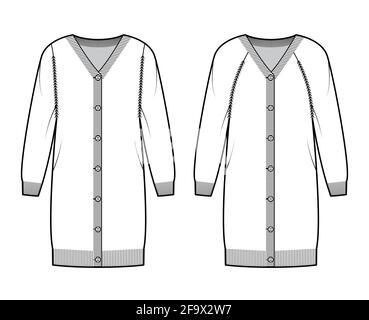 Abito Cardigans maglione illustrazione tecnica moda con costoletta a V- collo, maniche lunghe raglan, chiusura bottone relax fit, finitura a maglia. Parte anteriore dell'abbigliamento piatto, colore bianco. Donne, uomini CAD mockup Illustrazione Vettoriale