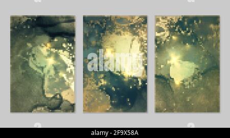 Set di motivi in marmo. Maestose texture geode turchesi e dorate con glitter. Background vettoriale astratto nella tecnica dell'inchiostro alcolico. Vernice moderna WIT Illustrazione Vettoriale