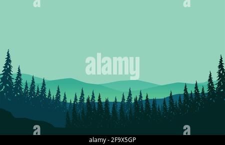 Una vista realistica delle montagne con la foresta al mattino dai sobborghi. Illustrazione vettoriale di una città Illustrazione Vettoriale