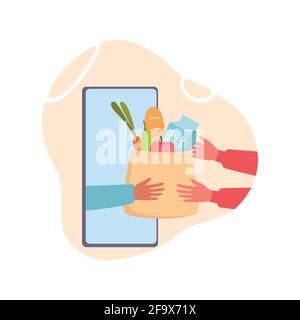 Negozio di alimentari online shopping. Consegna senza contatto di drogheria, app di supermercato di internet piatto. Pacchetto merci dal negozio al concetto vettoriale del utter domestico Illustrazione Vettoriale