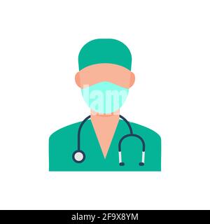 Chirurgo con maschera facciale e icona del colore del cappuccio. Medico con stetoscopio in dispositivi di protezione. Avatar medico e infermiere gp in uniforme verde. Vettore Illustrazione Vettoriale
