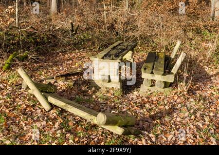 Panchine in legno rotte e distrutte e tavolo da picnic lungo un sentiero escursionistico e sentiero a Westerwald, Renania-Palatinato, Germania, Europa Foto Stock