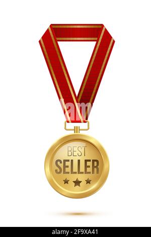 Medaglia d'oro con nastro rosso per il Best seller. Premio professionale per trofei d'oro con testo e illustrazioni vettoriali a stelle. Premio per le migliori vendite nel concorso Illustrazione Vettoriale