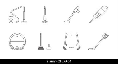 Set per la pulizia dei pavimenti: Scopa, paletta, aspirapolvere robot. Icona in bianco e nero. Illustrazione vettoriale. EPS10 Illustrazione Vettoriale