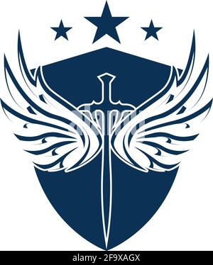 La spada alata con icona vettore scudo. Illustrazione Vettoriale