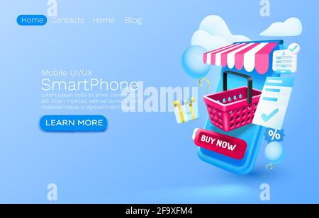 Concetto di banner per l'app per lo shopping su smartphone, luogo per il testo, negozio di applicazioni online, servizio mobile di autorizzazione. Illustrazione vettoriale Illustrazione Vettoriale
