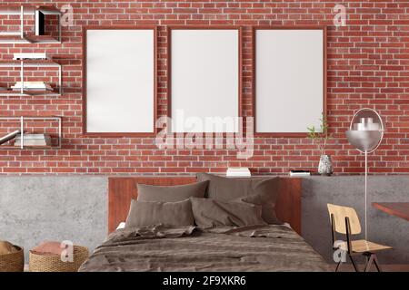 Stile industriale camera da letto con il rosso, muro di mattoni e letto  doppio Foto stock - Alamy