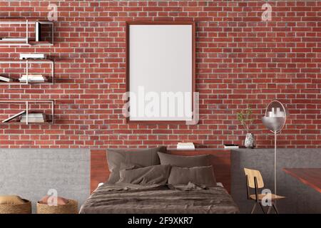 Stile industriale camera da letto con il rosso, muro di mattoni e letto  doppio Foto stock - Alamy