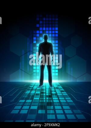 Silhouette uomo in uno spazio digitale. Illustrazione 3D. Foto Stock