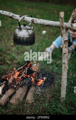 Falò vicino al rimorchio home.Couple in una tostatura di plaid a scacchi marshmallows Foto Stock