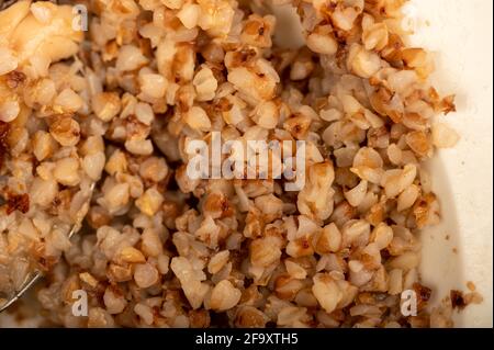 Porridge di grano saraceno bollito. Piatti tradizionali della cucina russa. Vista dall'alto della texture del grano saraceno. Foto Stock