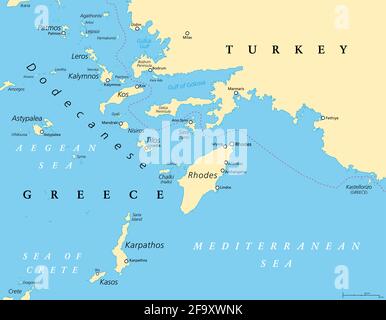 DODECANNESO, mappa politica. Gruppo di isole greche nel Mar Egeo sudorientale e nel Mediterraneo orientale, al largo della costa della Turchia. Foto Stock