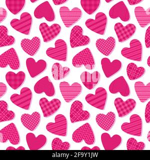 Cuori carini con la consistenza di cellule, pois di polka, tessuti. Disegno senza cuciture Girly Abstract Surface Design. Forme vettoriali di colore rosa isolate su Illustrazione Vettoriale