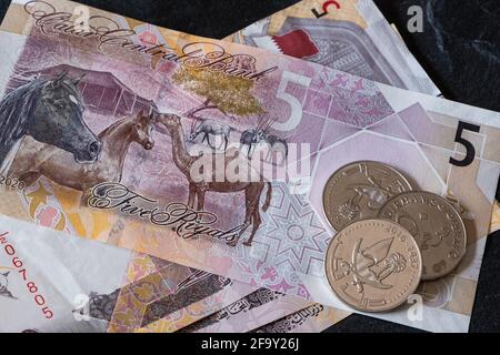 Primo piano della nuova banconota da 5 Qatari Riyal Foto Stock