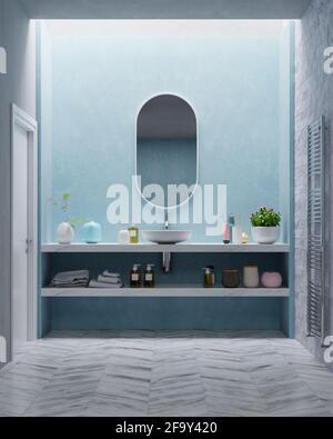 Moderno design degli interni del bagno su pareti blu, rendering 3d Foto Stock