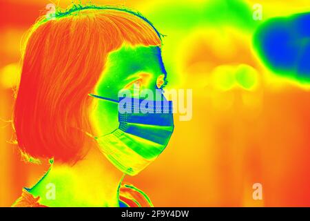 Scanner termico che rileva le persone infette con Covid-19. Concetto di controllo della diffusione del coronavirus. Foto Stock