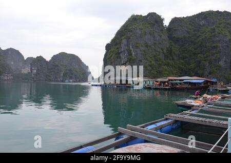 Vista panoramica delle acque verdi, delle formazioni rocciose e delle case galleggianti e delle barche sulla Baia di ha Long in Vietnam Foto Stock