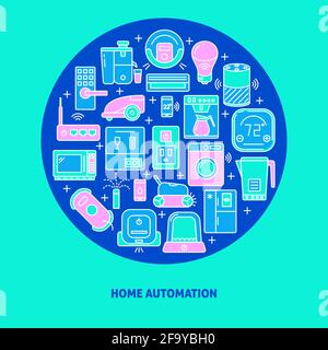 Modello di poster automatizzato per il concept home round con simboli di oggetti robotici. Banner Smart Home con posto per il testo. Illustrazione vettoriale. Illustrazione Vettoriale