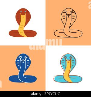 Icona di serpente di Cobra impostata in stile piatto e linea. Simbolo del rettile velenoso. Illustrazione vettoriale. Illustrazione Vettoriale