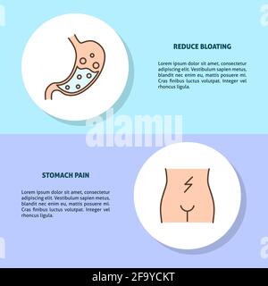 Modelli di flyer concettuali per disturbi di stomaco in stile linea con posto per testo. Problemi di gonfiore e dolore. Illustrazione del vettore medico. Illustrazione Vettoriale