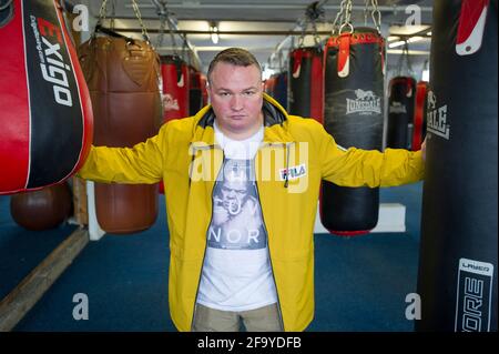 Stock picture 09/04/2018 of Bradley Welsh (ora deceduto) at the Holyrood Boxing Gym, Duddingston, Edinburgh. Gallese fu assassinato a casa sua nel 2019. Foto Stock