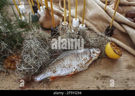 Pesce crudo non cotti su vecchio tavolo rustico in legno in boho colori di stile terra Foto Stock