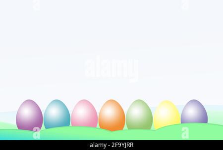 fila di uova pasquali colorate pastello su sfondo astratto verde immagine dell'evento festivo Foto Stock