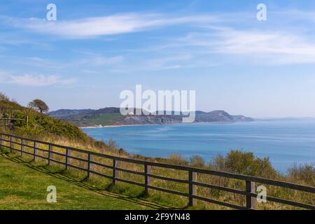 Vista da Lyme Regis guardando oltre Seatown sulla costa Jurassic dopo recenti frane, Dorset, Regno Unito nel mese di aprile Foto Stock