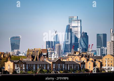 Vista sul quartiere finanziario da Canary Wharf, Londra Foto Stock