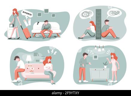 Divorzio, rottura, insieme di concetto di separazione. Uomo depresso e donna divisa da muro di pietra, coppia sposata con problemi di relazione, vettore Illustrazione Vettoriale