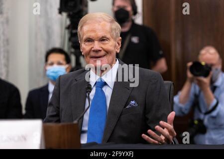 NASA Amministratore candidato ex senatore americano Bill Nelson (democratico della Florida), FL, testimonia durante un Senato Commercio, Scienza, e Comitato dei Trasporti udienza nomina su Capitol Hill, a Washington, Mercoledì, 21 aprile 2021Credit: Graeme Jennings / Pool via CNP | utilizzo in tutto il mondo Foto Stock