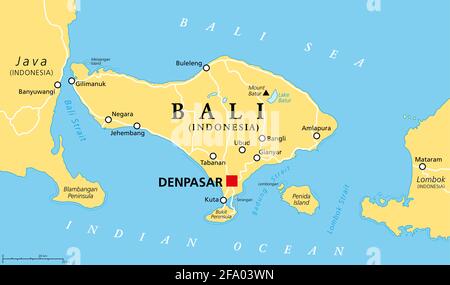 Mappa politica di Bali, con la capitale Denpasar. Provincia e isola dell'Indonesia, più a ovest delle Isole minori di Sunda, ad est di Giava, ad ovest di Lombok. Foto Stock