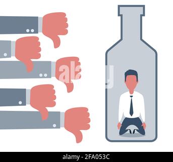 La gente mostra i thumbs giù disgradice per l'uomo depresso e triste in una bottiglia grande di bevanda di alcool. Alcolico dipendente da Flat Style Concept Vector Illustrazione Vettoriale