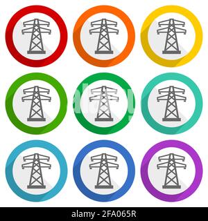 Potenza, icone vettoriali per torri energetiche, set di pulsanti colorati dal design piatto per applicazioni di webdesign e mobili Illustrazione Vettoriale