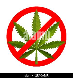 Nessun segno rosso proibito di droga con foglia verde realistica di marijuana, icona dettagliata di cannabis medica isolata su sfondo bianco Illustrazione Vettoriale