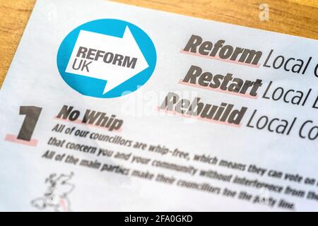 Opuscolo della campagna Reform UK (ex Brexit Party) per le elezioni locali del 2021 maggio 2021, Inghilterra, Regno Unito Foto Stock