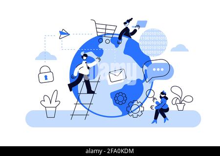 Terra globo con gente comunicante su sfondo bianco Illustrazione Vettoriale