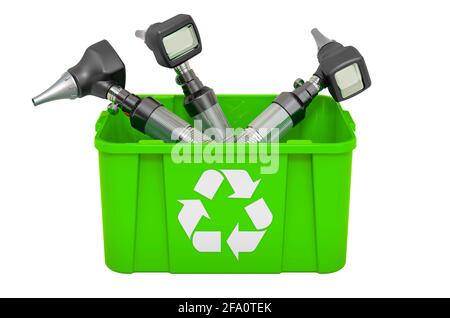 Riciclaggio del trashcan con otoscopio. Rendering 3D isolato su sfondo bianco Foto Stock