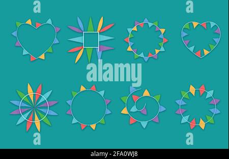 Un set di cornici con caselle di controllo colorate. Cornici rotonde, quadrate e a forma di cuore. Illustrazione vettoriale Illustrazione Vettoriale